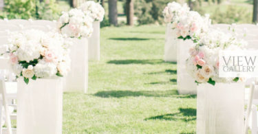Outdoor wedding with cherry blossoms