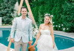 bride and groom in garden wedding