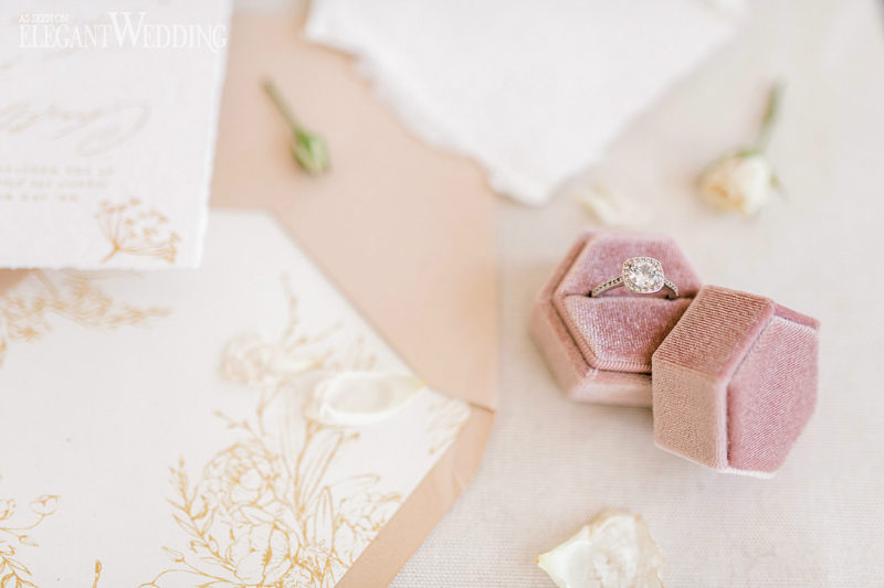 Classic Neutral Toned Wedding5 gorgeous engagement ring in a pink velvet box