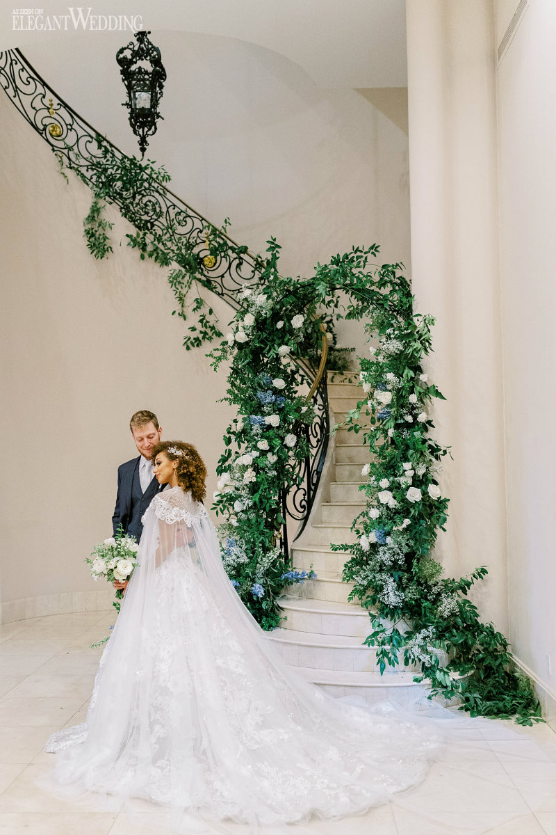 Regal Blue & White Wedding Inspiration With Stunning Caped Gown_Corinna Rose Photography_CorinnaRosePhotography-37_low floral on a staircase