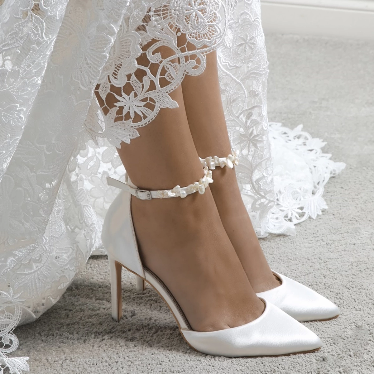 perfect-bridal-ella-ivory-satin-keshi-pearl-ankle-strap-court-shoes satin bridal shoes