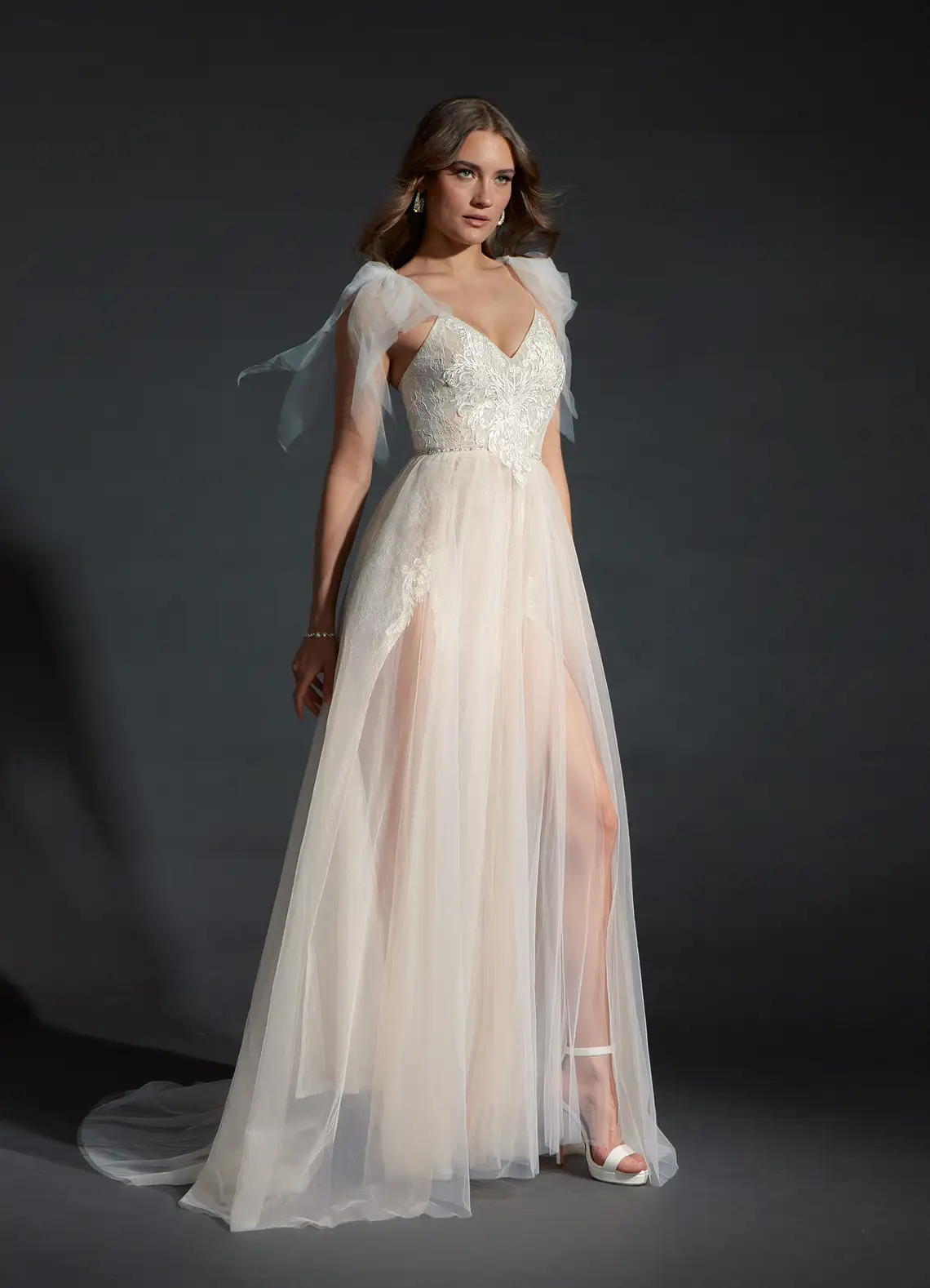 Azazie A-Line Off the Shoulder Tulle Court Train Dress Diamond White:Champagne Azazie A-Line Off the Shoulder Tulle Court Train Dress Diamond White/Champagne