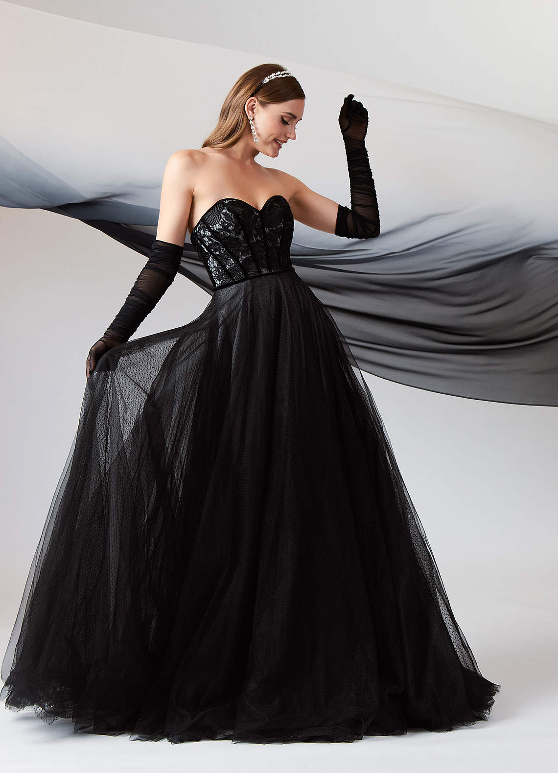 Azazie Ball-Gown Lace Tulle Sweep Train Dress Black:Diamond White Azazie Ball-Gown Lace Tulle Sweep Train Dress Black/Diamond White