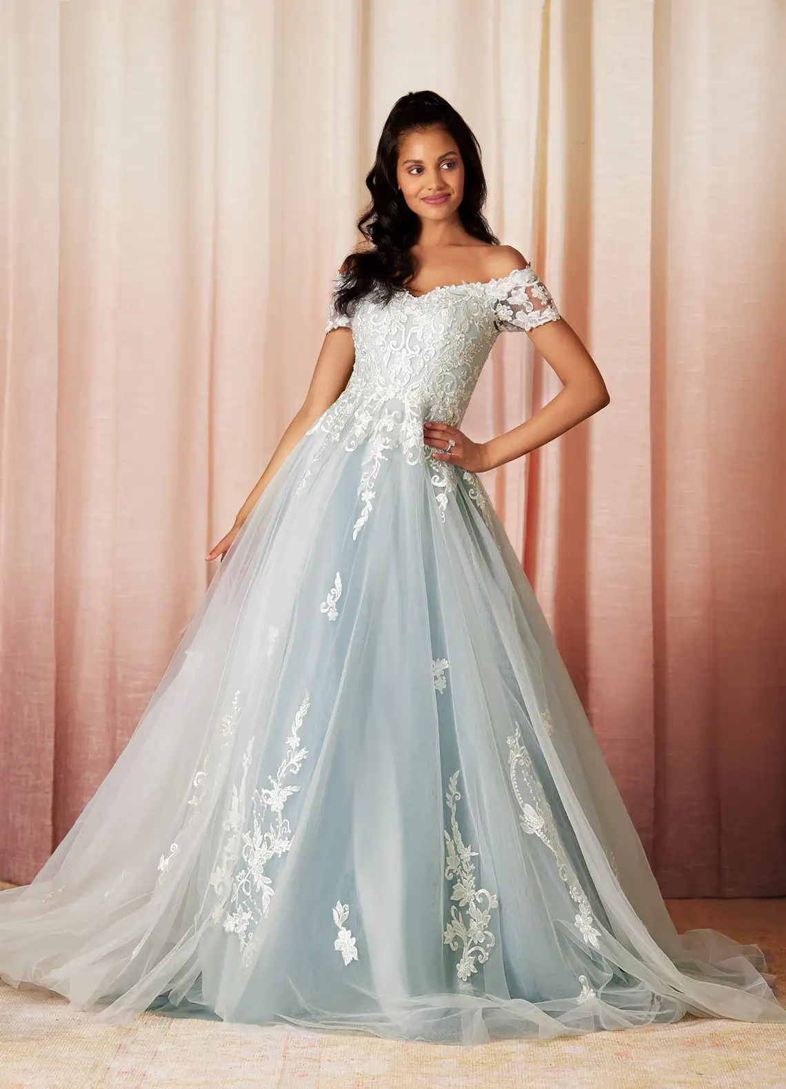 Azazie Ball-Gown Off the Shoulder Tulle Chapel Train Dress Cloudy Blue Azazie Ball-Gown Off the Shoulder Tulle Chapel Train Dress Cloudy Blue
