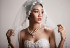 bride wearing pearl necklace