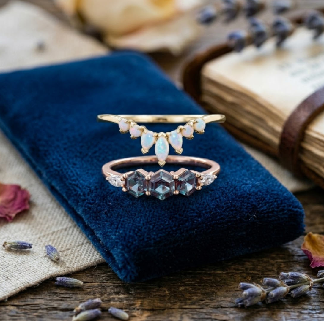 alexandrite-and-opal-wedding-bands Alexandrite and Opal Wedding Bands From MollyJewelryUS