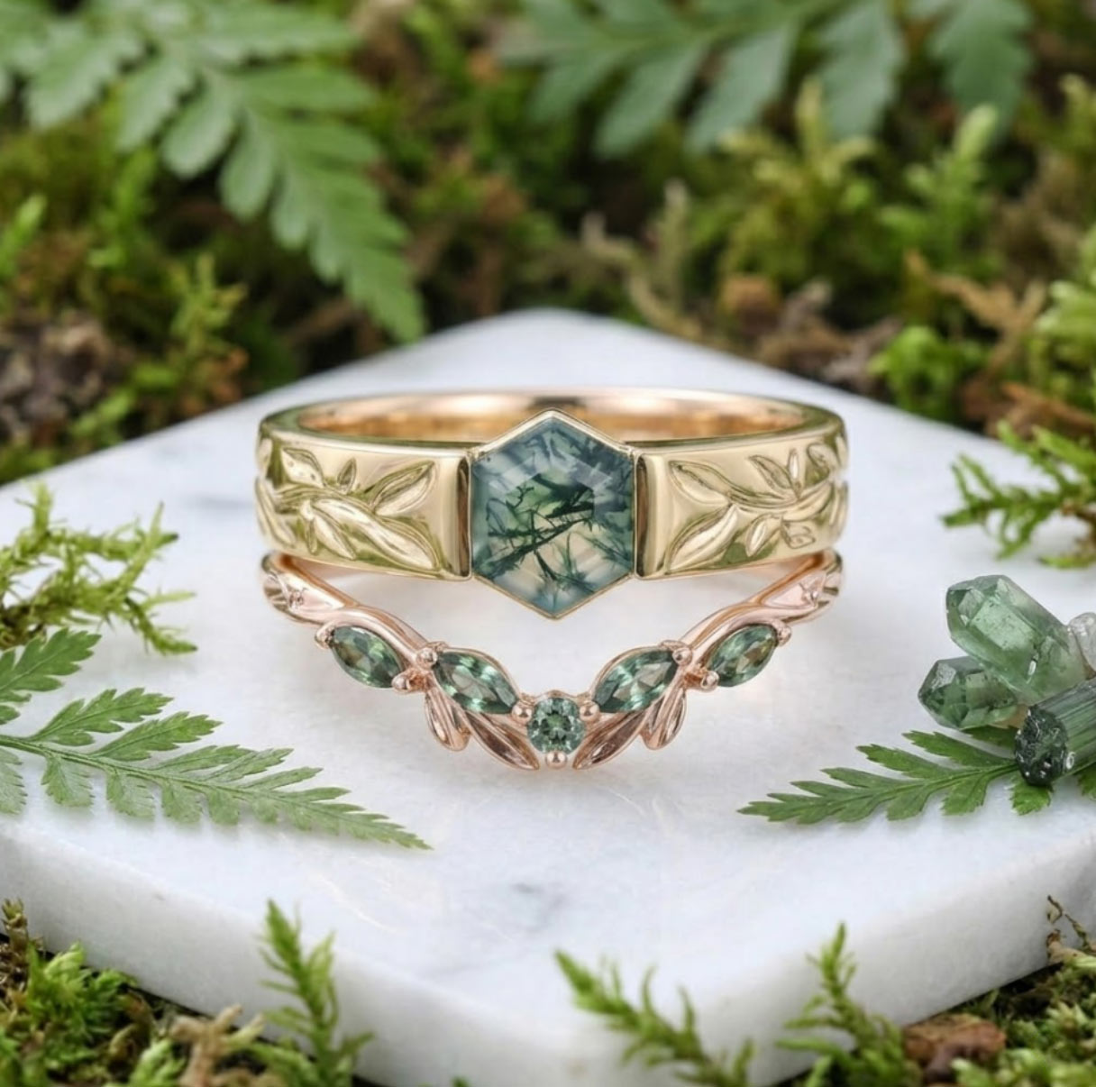 moss-agate-and-sapphire-wedding-bands Moss Agate and Sapphire Wedding Bands From MollyJewelryUS