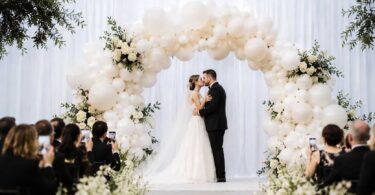 A garden-style wedding balloon arch woven with trailing eucalyptus and soft ivory balloons framing a ceremony aisle