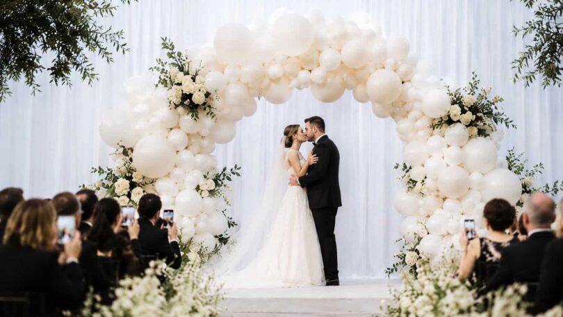 A garden-style wedding balloon arch woven with trailing eucalyptus and soft ivory balloons framing a ceremony aisle
